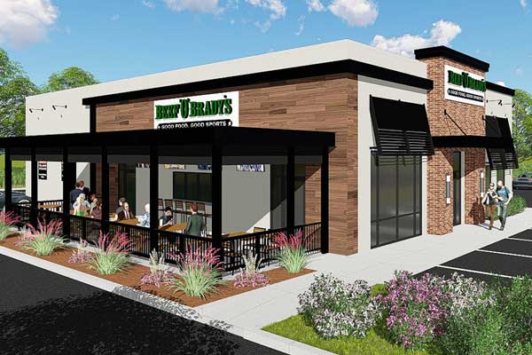 Artistic rendering of the exterior of a Beef 'O' Brady's Family Sports Restaurant with Patio